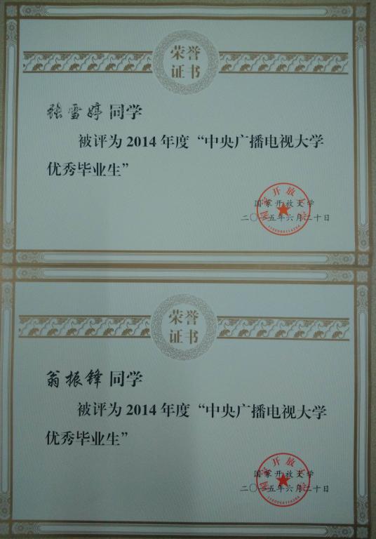 “中央广播电视大学优秀毕业生”荣誉证书